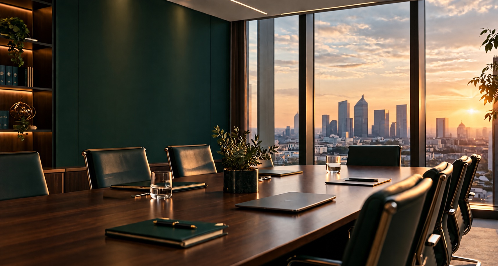 Salle de réunion avec vue sur la ville au crépuscule